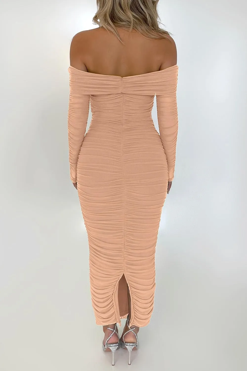 PRETTYGARDEN Women's Fall Off The Shoulder Maxi Dress Spring Long Sleeve Ruched Fitted Bodycon Club Dresses with Slit