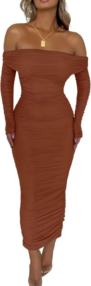 PRETTYGARDEN Women's Fall Off The Shoulder Maxi Dress Spring Long Sleeve Ruched Fitted Bodycon Club Dresses with Slit