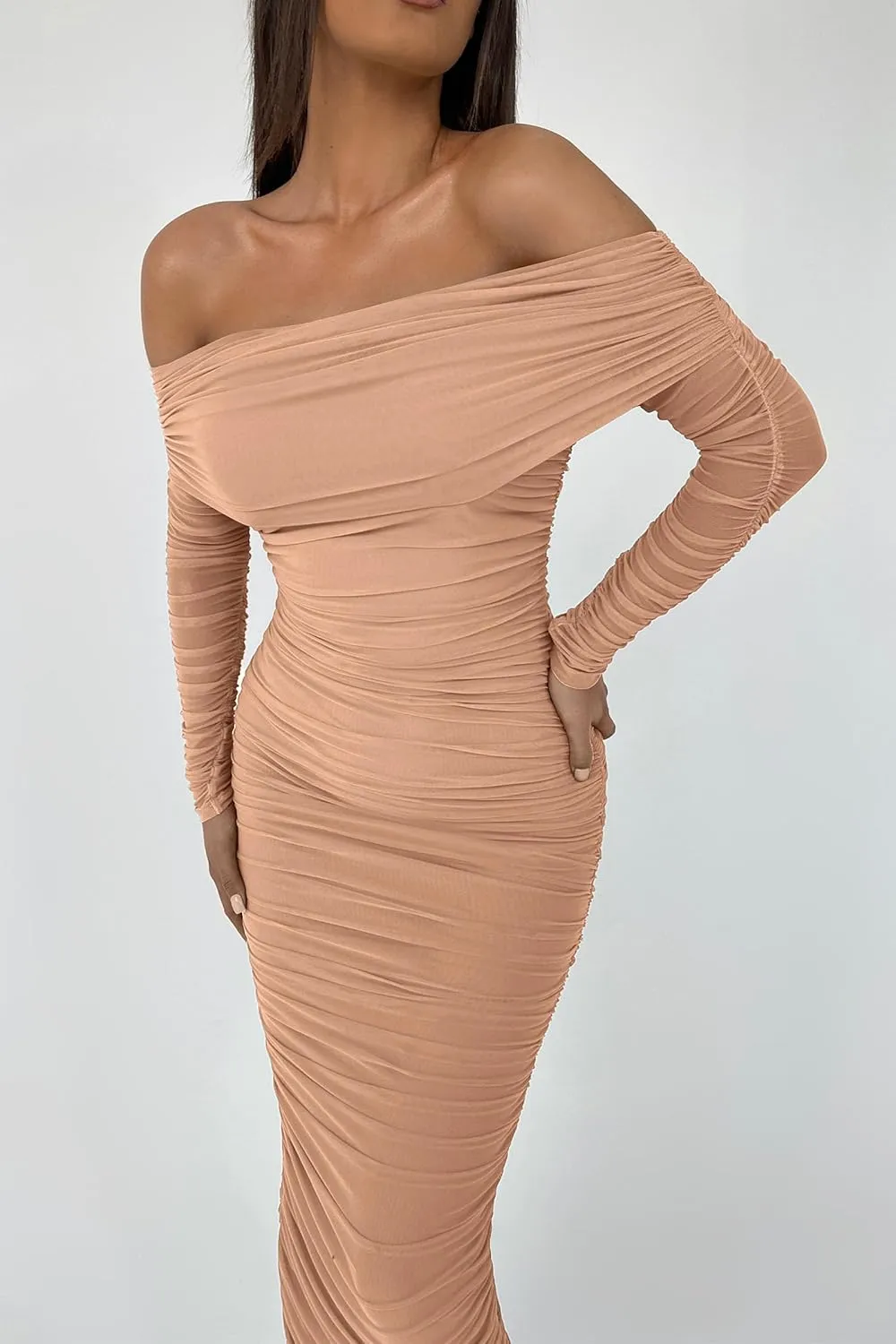 PRETTYGARDEN Women's Fall Off The Shoulder Maxi Dress Spring Long Sleeve Ruched Fitted Bodycon Club Dresses with Slit