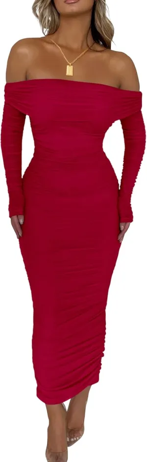 PRETTYGARDEN Women's Fall Off The Shoulder Maxi Dress Spring Long Sleeve Ruched Fitted Bodycon Club Dresses with Slit