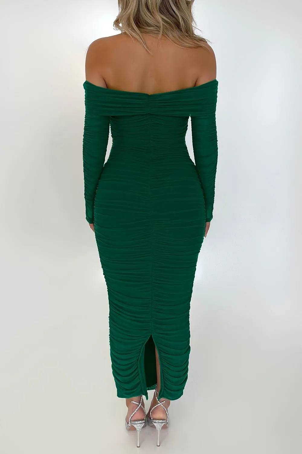 PRETTYGARDEN Women's Fall Off The Shoulder Maxi Dress Spring Long Sleeve Ruched Fitted Bodycon Club Dresses with Slit