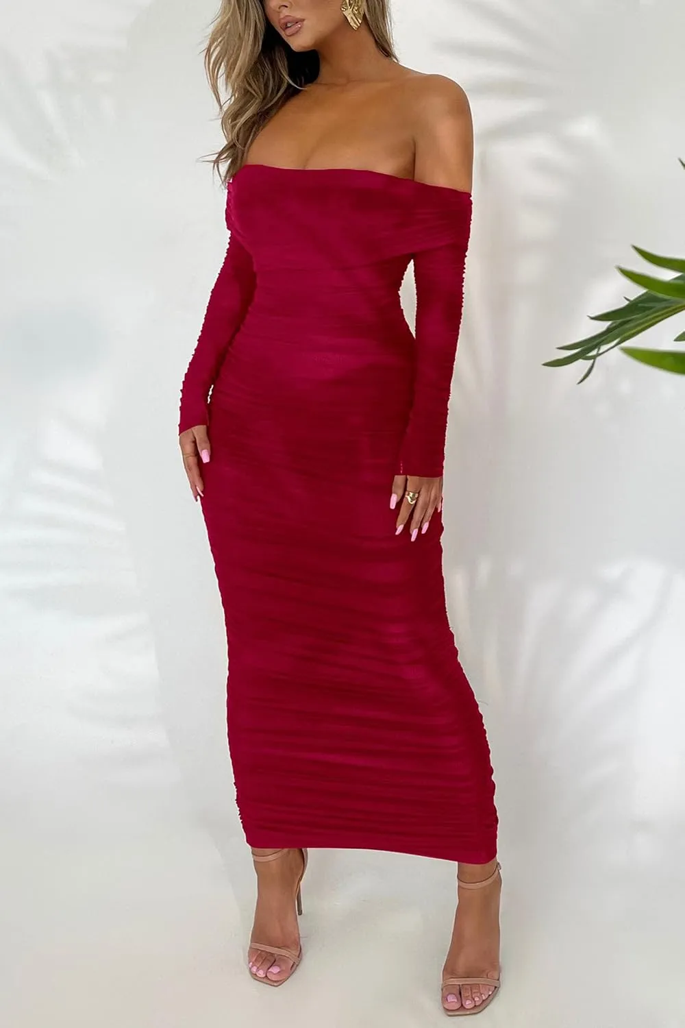 PRETTYGARDEN Women's Fall Off The Shoulder Maxi Dress Spring Long Sleeve Ruched Fitted Bodycon Club Dresses with Slit