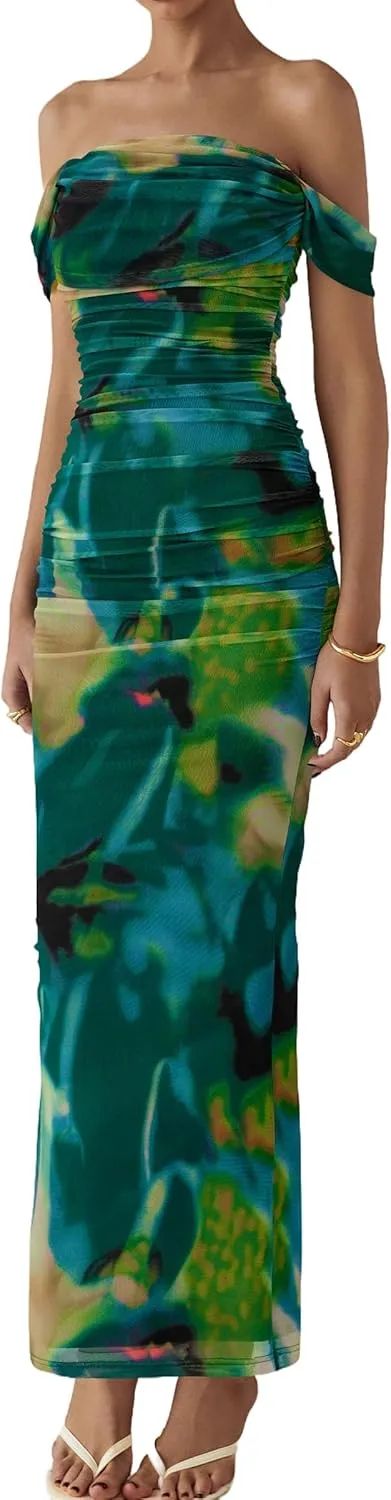 PRETTYGARDEN Women's Floral Maxi Dress 2025 Summer Off Shoulder Mesh Elegant Cocktail Party Ruched Bodycon Dresses