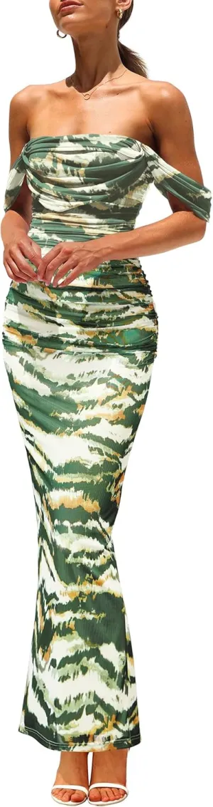 PRETTYGARDEN Women's Floral Maxi Dress 2025 Summer Off Shoulder Mesh Elegant Cocktail Party Ruched Bodycon Dresses