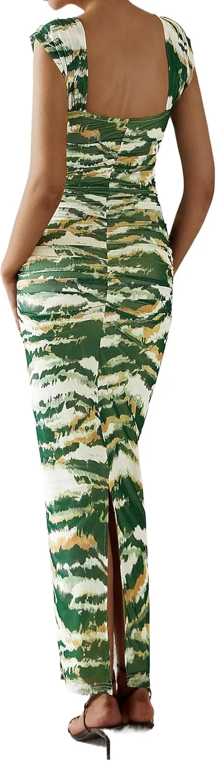 PRETTYGARDEN Women's Floral Maxi Dress 2025 Summer Off Shoulder Mesh Elegant Cocktail Party Ruched Bodycon Dresses