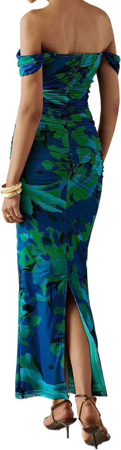 PRETTYGARDEN Women's Floral Maxi Dress 2025 Summer Off Shoulder Mesh Elegant Cocktail Party Ruched Bodycon Dresses