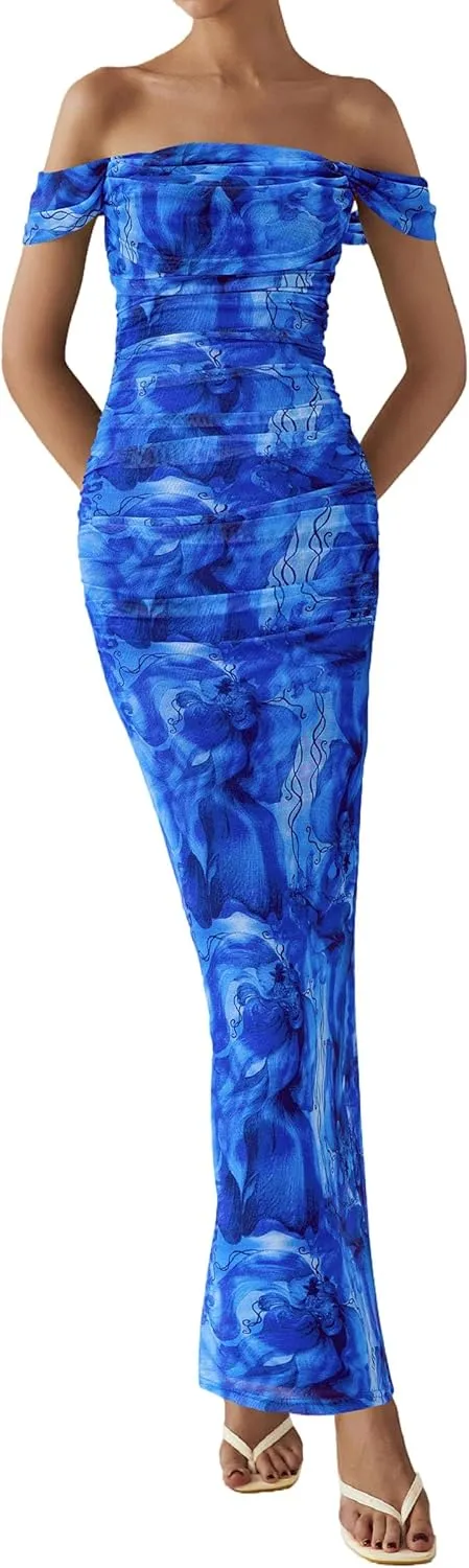 PRETTYGARDEN Women's Floral Maxi Dress 2025 Summer Off Shoulder Mesh Elegant Cocktail Party Ruched Bodycon Dresses