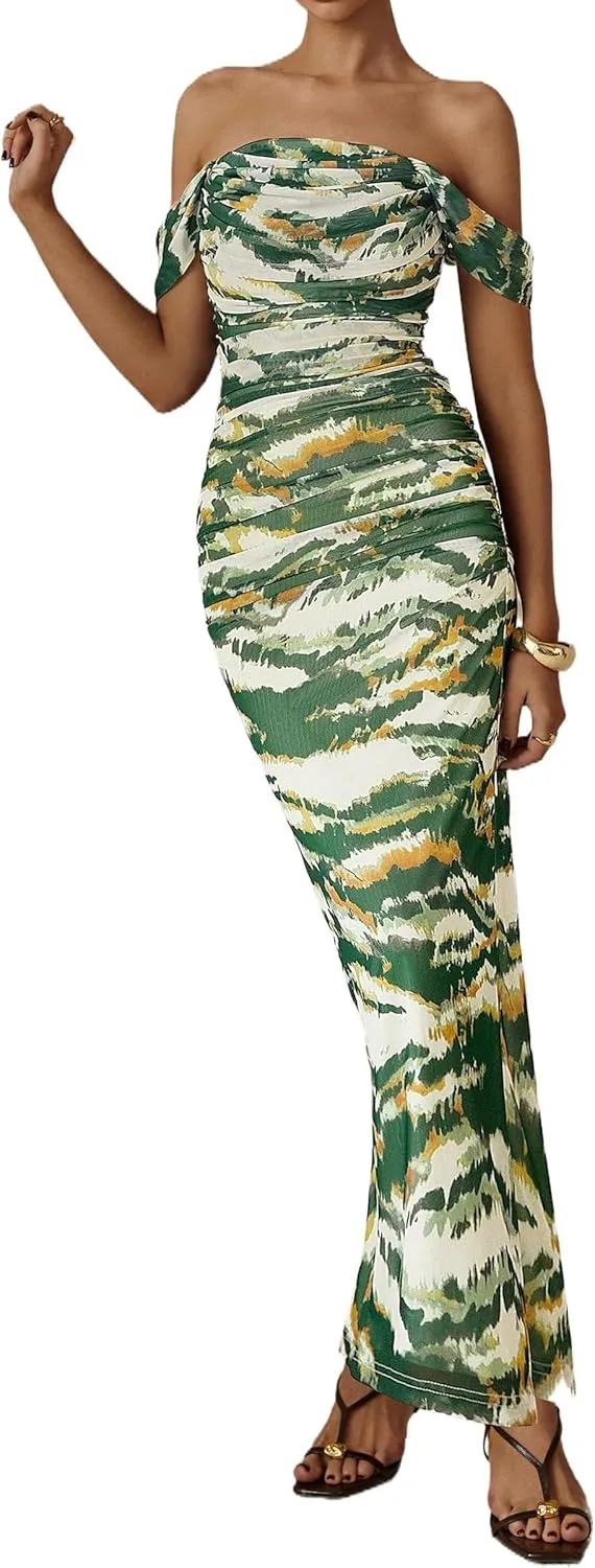 PRETTYGARDEN Women's Floral Maxi Dress 2025 Summer Off Shoulder Mesh Elegant Cocktail Party Ruched Bodycon Dresses