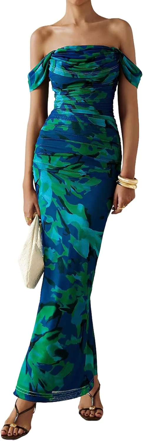 PRETTYGARDEN Women's Floral Maxi Dress 2025 Summer Off Shoulder Mesh Elegant Cocktail Party Ruched Bodycon Dresses