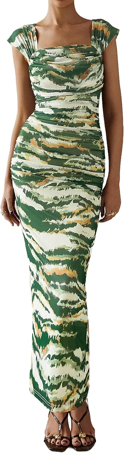 PRETTYGARDEN Women's Floral Maxi Dress 2025 Summer Off Shoulder Mesh Elegant Cocktail Party Ruched Bodycon Dresses