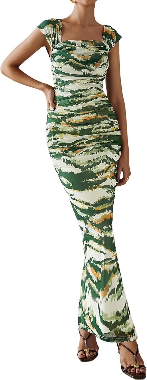 PRETTYGARDEN Women's Floral Maxi Dress 2025 Summer Off Shoulder Mesh Elegant Cocktail Party Ruched Bodycon Dresses