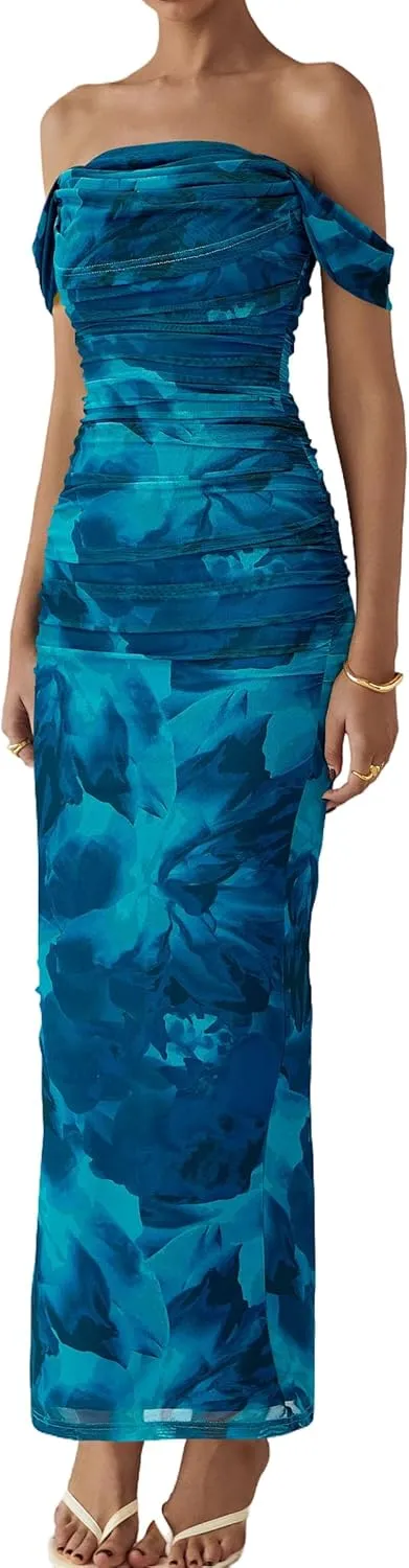 PRETTYGARDEN Women's Floral Maxi Dress 2025 Summer Off Shoulder Mesh Elegant Cocktail Party Ruched Bodycon Dresses