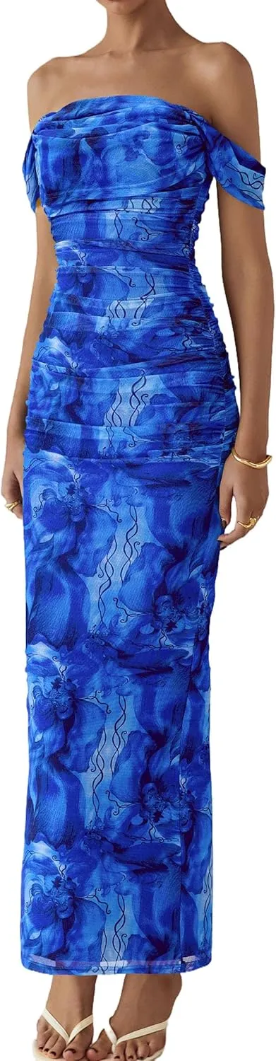 PRETTYGARDEN Women's Floral Maxi Dress 2025 Summer Off Shoulder Mesh Elegant Cocktail Party Ruched Bodycon Dresses