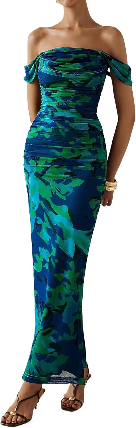 PRETTYGARDEN Women's Floral Maxi Dress 2025 Summer Off Shoulder Mesh Elegant Cocktail Party Ruched Bodycon Dresses