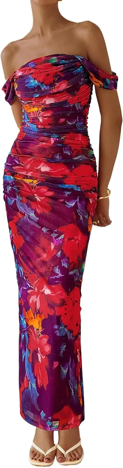 PRETTYGARDEN Women's Floral Maxi Dress 2025 Summer Off Shoulder Mesh Elegant Cocktail Party Ruched Bodycon Dresses