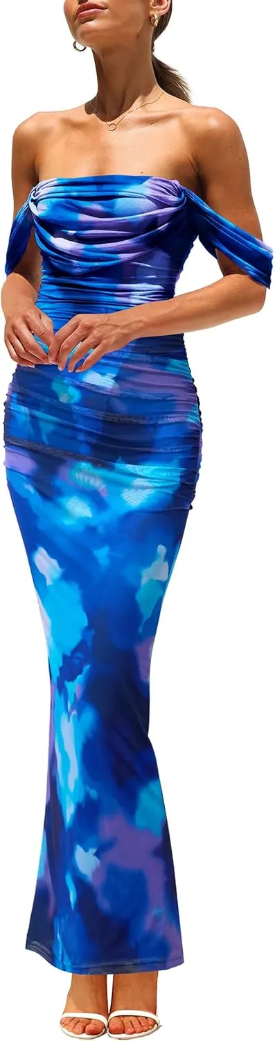 PRETTYGARDEN Women's Floral Maxi Dress 2025 Summer Off Shoulder Mesh Elegant Cocktail Party Ruched Bodycon Dresses
