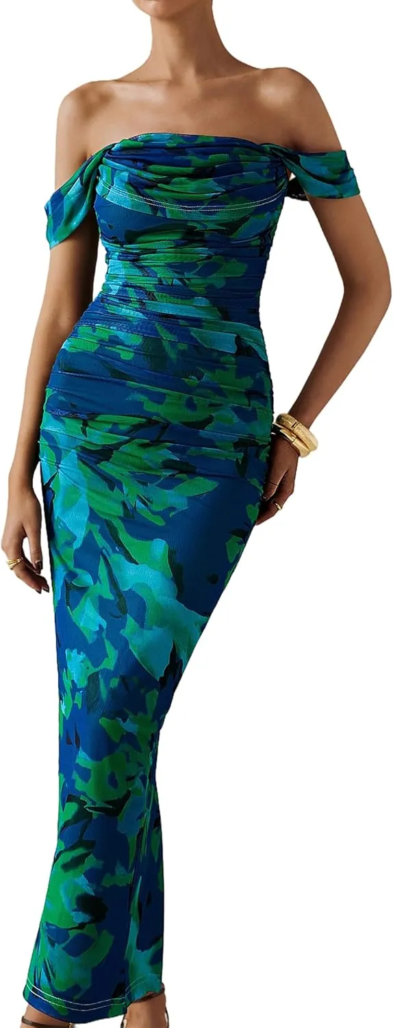 PRETTYGARDEN Women's Floral Maxi Dress 2025 Summer Off Shoulder Mesh Elegant Cocktail Party Ruched Bodycon Dresses