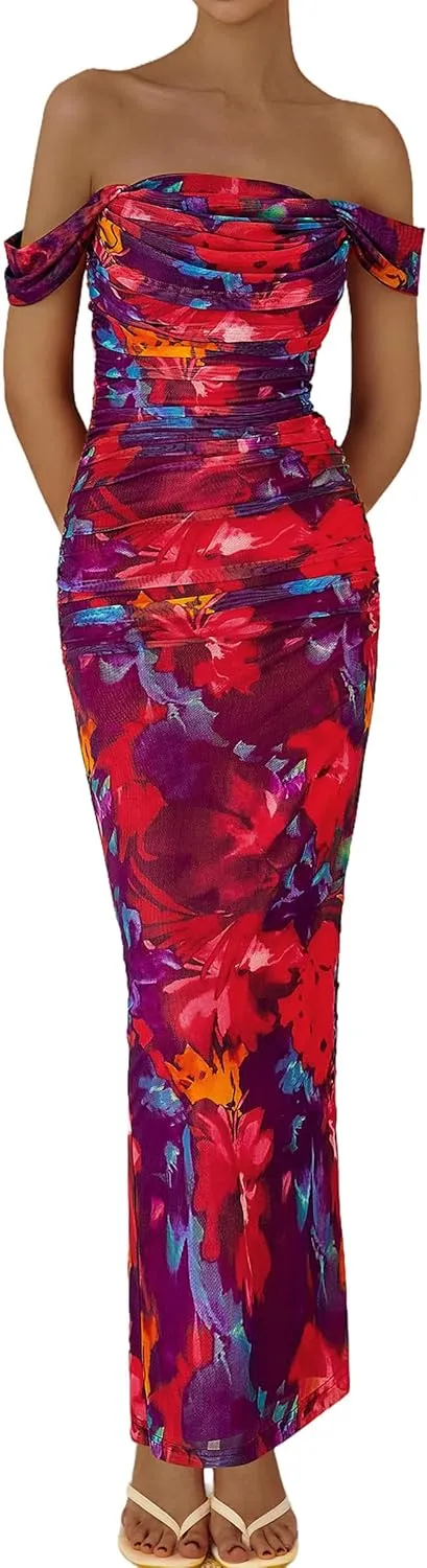 PRETTYGARDEN Women's Floral Maxi Dress 2025 Summer Off Shoulder Mesh Elegant Cocktail Party Ruched Bodycon Dresses