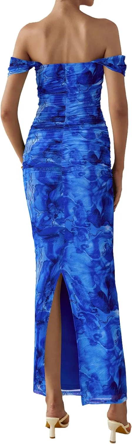 PRETTYGARDEN Women's Floral Maxi Dress 2025 Summer Off Shoulder Mesh Elegant Cocktail Party Ruched Bodycon Dresses