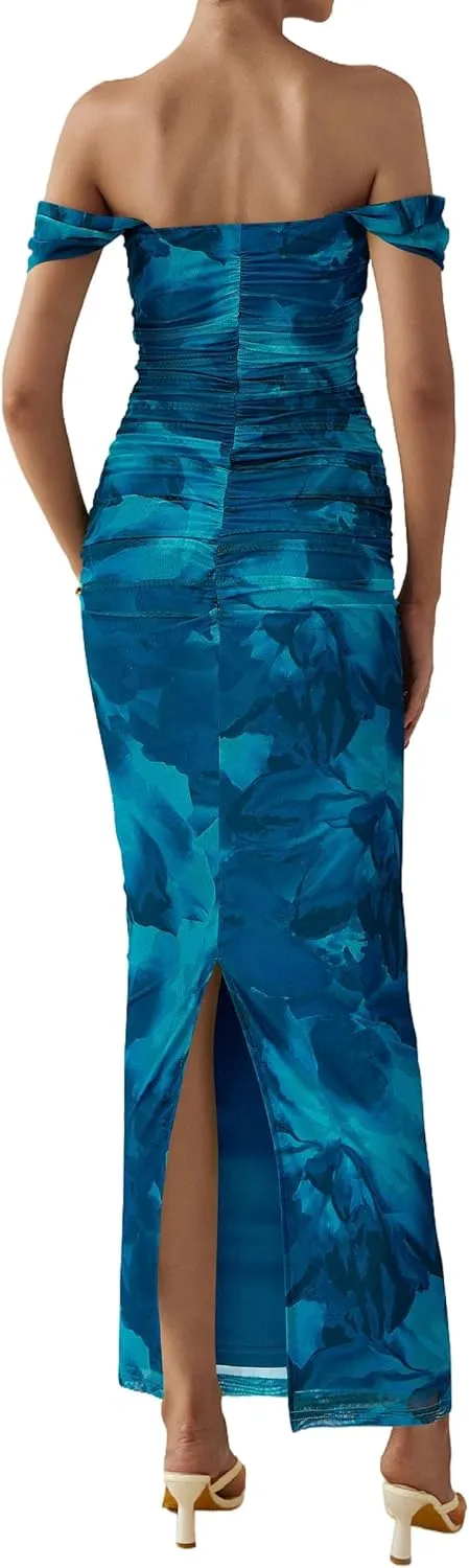 PRETTYGARDEN Women's Floral Maxi Dress 2025 Summer Off Shoulder Mesh Elegant Cocktail Party Ruched Bodycon Dresses