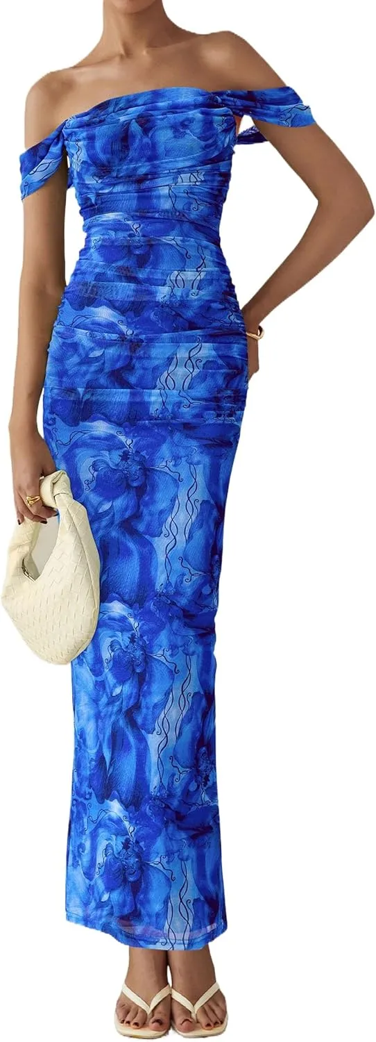 PRETTYGARDEN Women's Floral Maxi Dress 2025 Summer Off Shoulder Mesh Elegant Cocktail Party Ruched Bodycon Dresses