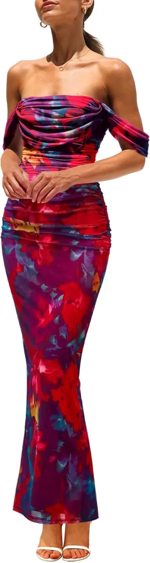 PRETTYGARDEN Women's Floral Maxi Dress 2025 Summer Off Shoulder Mesh Elegant Cocktail Party Ruched Bodycon Dresses