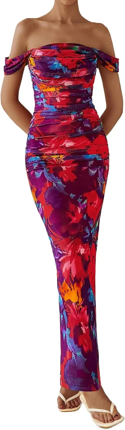PRETTYGARDEN Women's Floral Maxi Dress 2025 Summer Off Shoulder Mesh Elegant Cocktail Party Ruched Bodycon Dresses