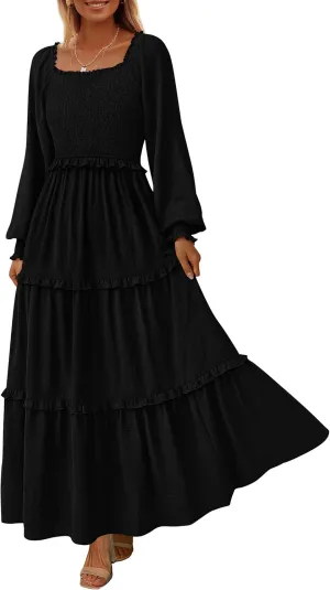PRETTYGARDEN Women's Spring Long Sleeve Smocked Maxi Dress Casual Square Neck Swiss Dot Tiered Ruffle Flowy Pocket Dresses