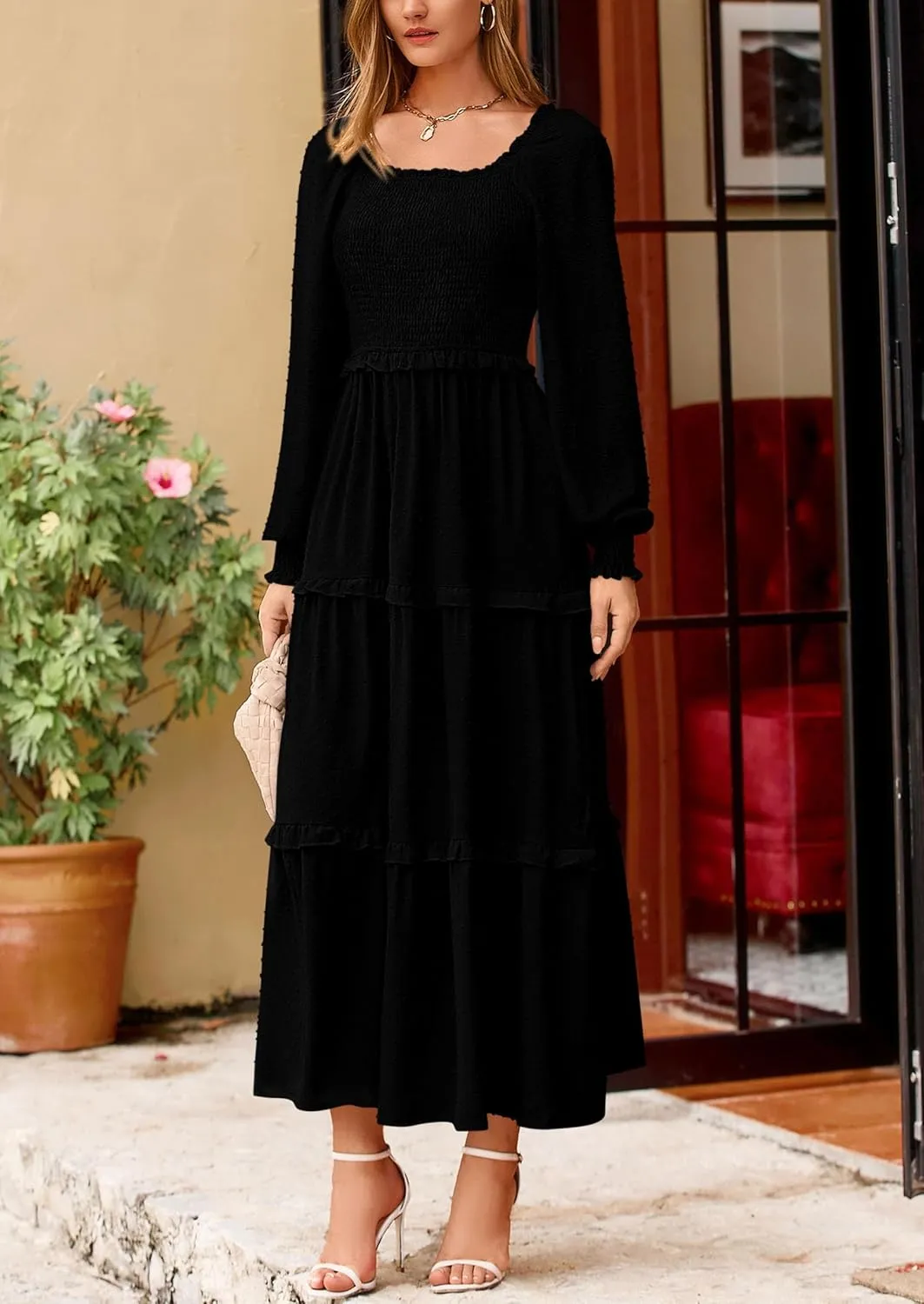 PRETTYGARDEN Women's Spring Long Sleeve Smocked Maxi Dress Casual Square Neck Swiss Dot Tiered Ruffle Flowy Pocket Dresses