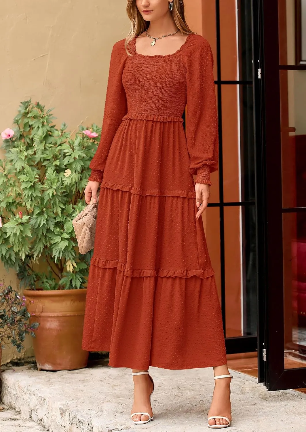 PRETTYGARDEN Women's Spring Long Sleeve Smocked Maxi Dress Casual Square Neck Swiss Dot Tiered Ruffle Flowy Pocket Dresses