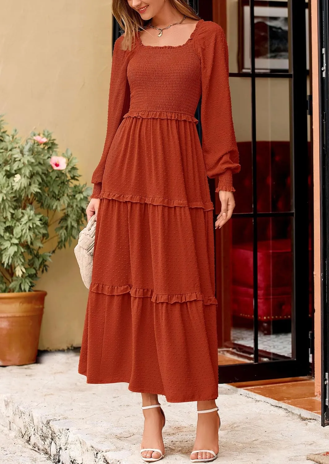 PRETTYGARDEN Women's Spring Long Sleeve Smocked Maxi Dress Casual Square Neck Swiss Dot Tiered Ruffle Flowy Pocket Dresses