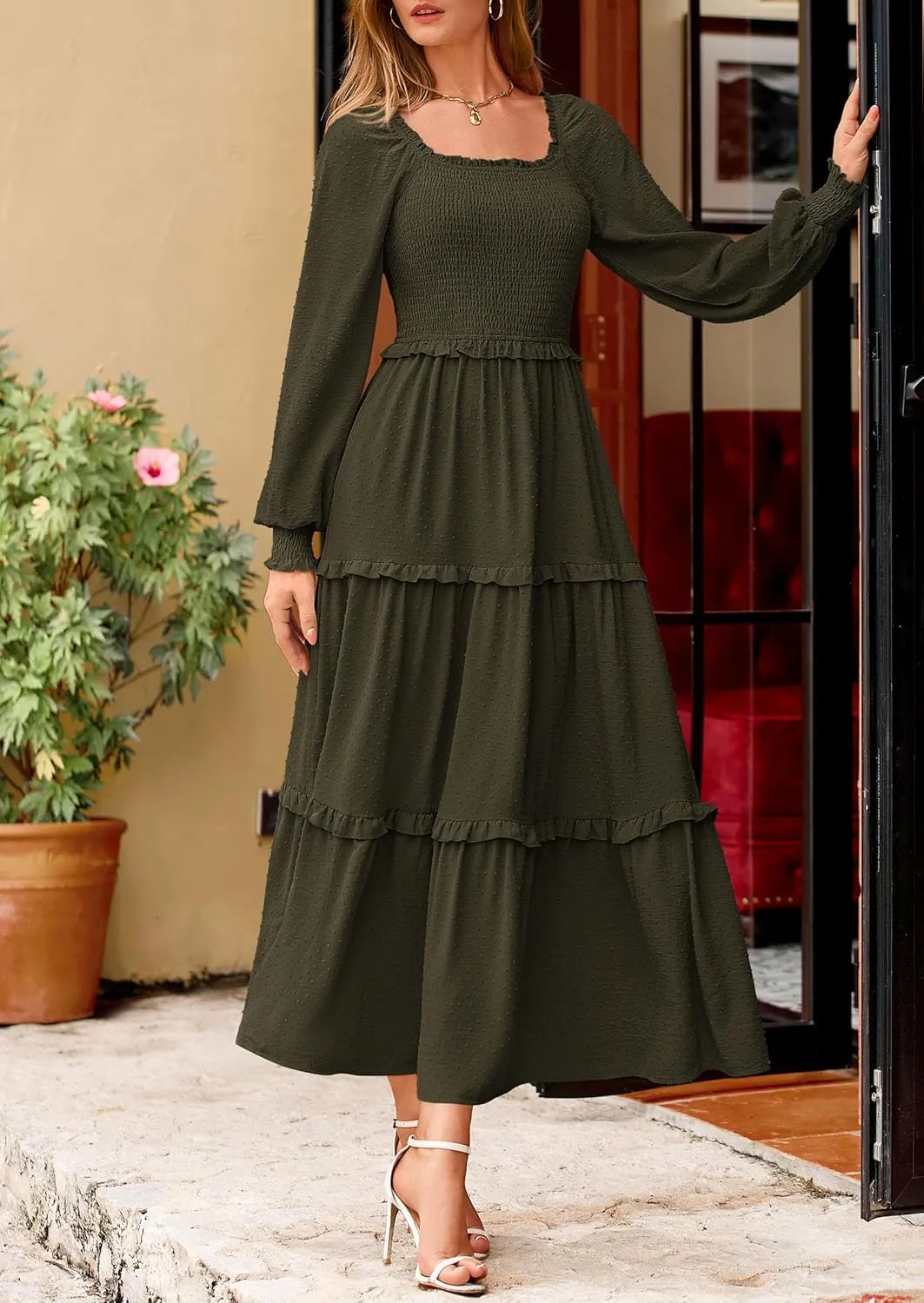 PRETTYGARDEN Women's Spring Long Sleeve Smocked Maxi Dress Casual Square Neck Swiss Dot Tiered Ruffle Flowy Pocket Dresses