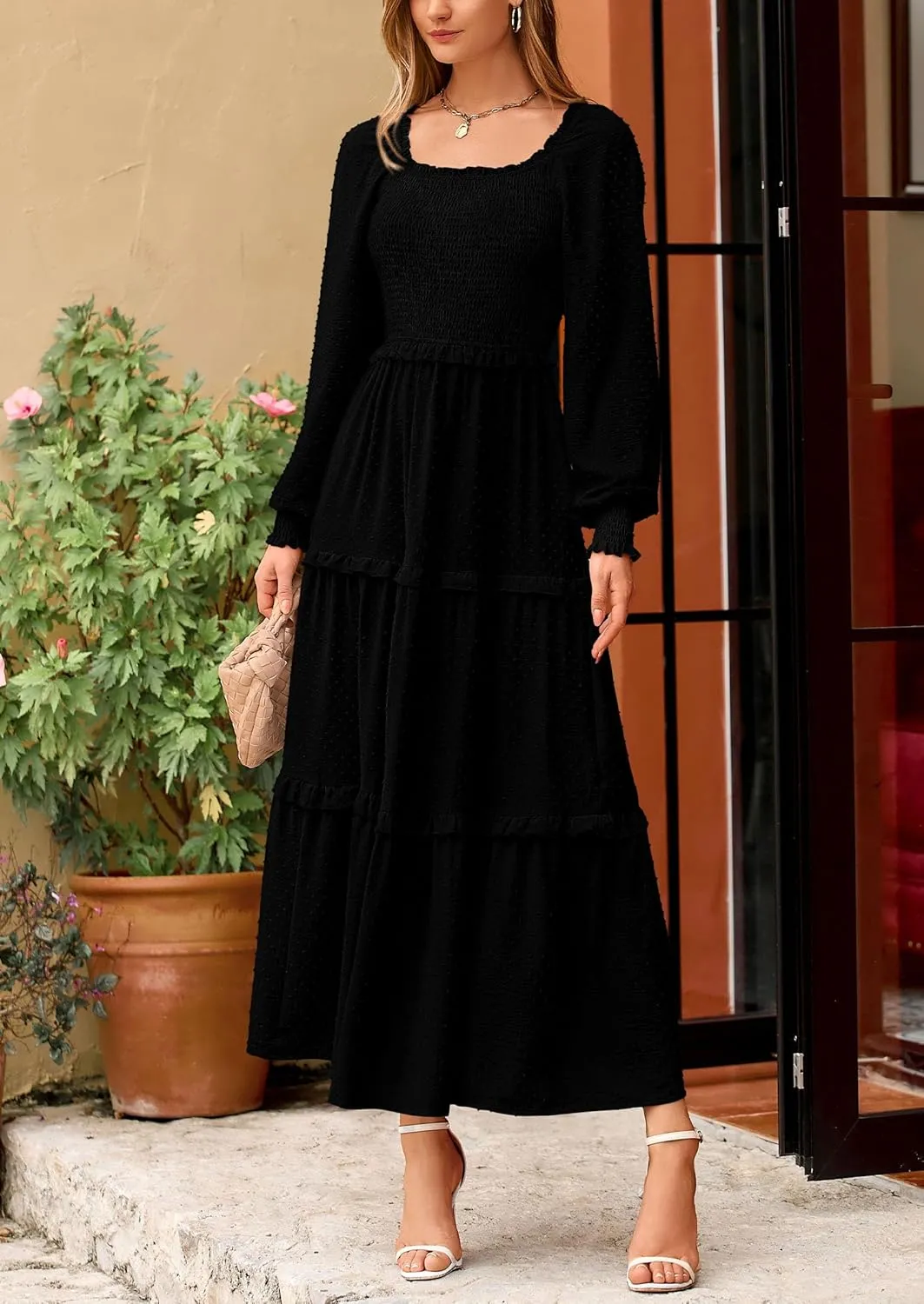 PRETTYGARDEN Women's Spring Long Sleeve Smocked Maxi Dress Casual Square Neck Swiss Dot Tiered Ruffle Flowy Pocket Dresses
