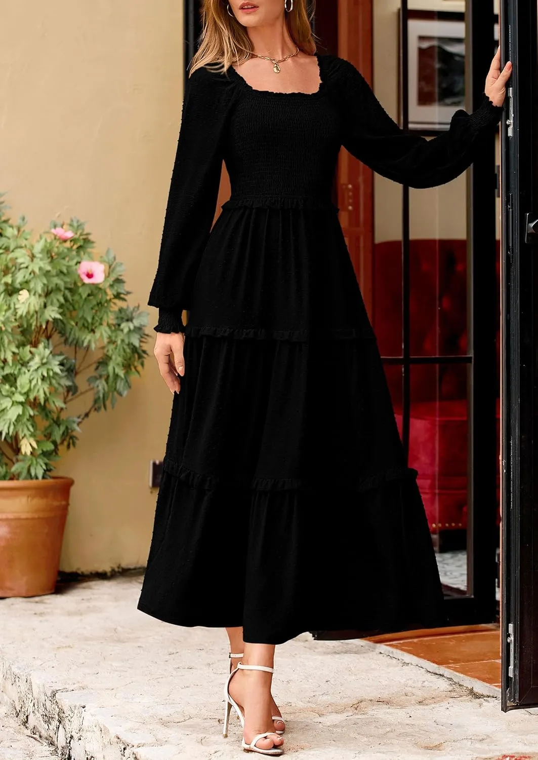 PRETTYGARDEN Women's Spring Long Sleeve Smocked Maxi Dress Casual Square Neck Swiss Dot Tiered Ruffle Flowy Pocket Dresses