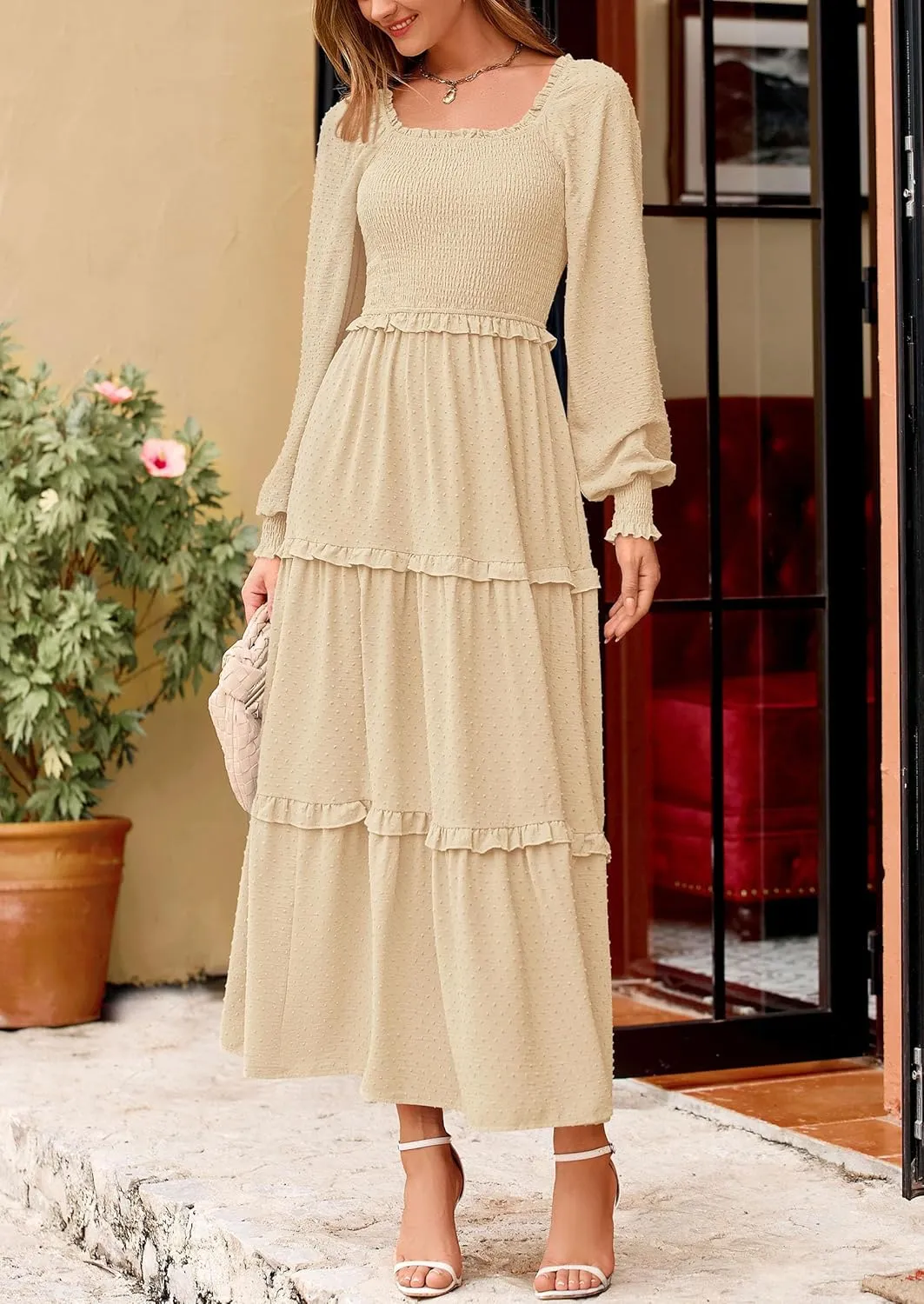 PRETTYGARDEN Women's Spring Long Sleeve Smocked Maxi Dress Casual Square Neck Swiss Dot Tiered Ruffle Flowy Pocket Dresses