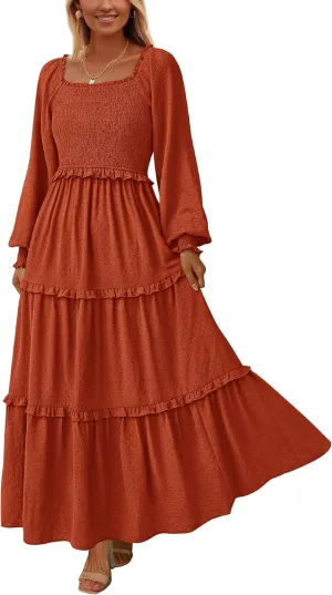 PRETTYGARDEN Women's Spring Long Sleeve Smocked Maxi Dress Casual Square Neck Swiss Dot Tiered Ruffle Flowy Pocket Dresses