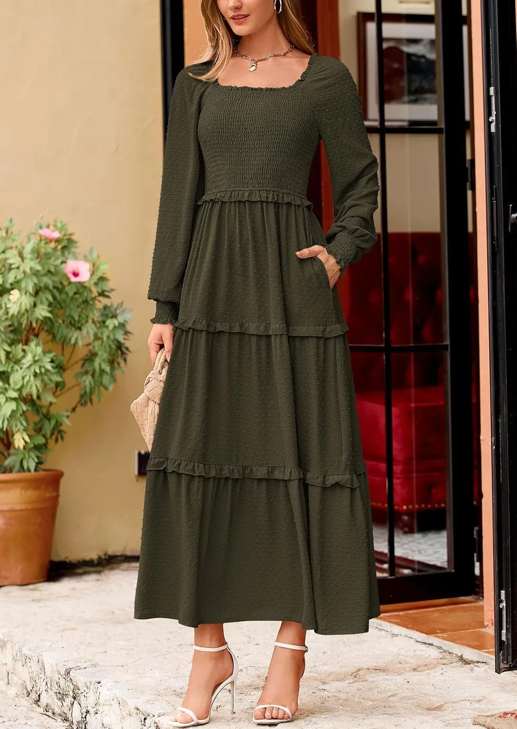 PRETTYGARDEN Women's Spring Long Sleeve Smocked Maxi Dress Casual Square Neck Swiss Dot Tiered Ruffle Flowy Pocket Dresses