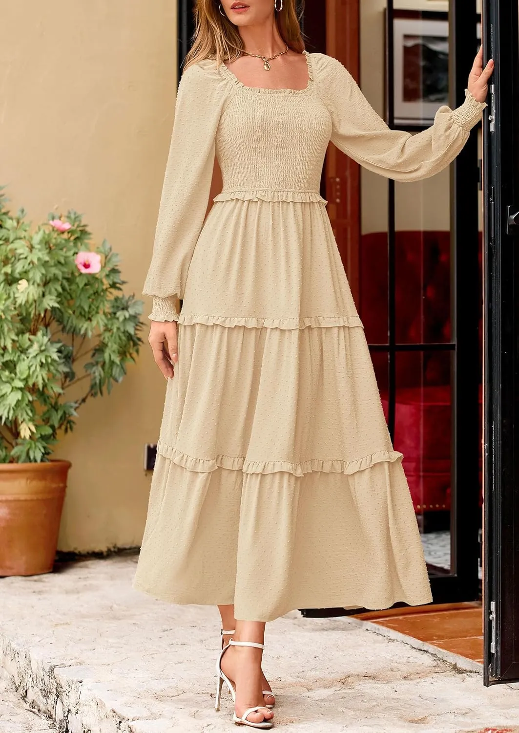 PRETTYGARDEN Women's Spring Long Sleeve Smocked Maxi Dress Casual Square Neck Swiss Dot Tiered Ruffle Flowy Pocket Dresses