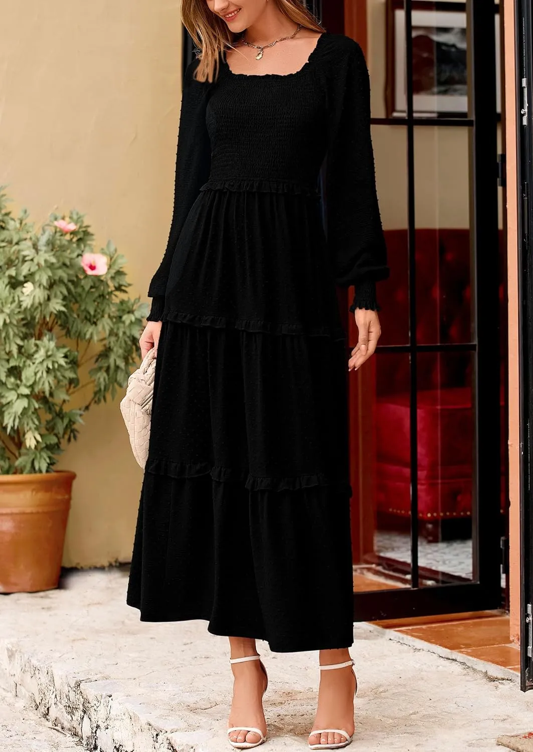 PRETTYGARDEN Women's Spring Long Sleeve Smocked Maxi Dress Casual Square Neck Swiss Dot Tiered Ruffle Flowy Pocket Dresses