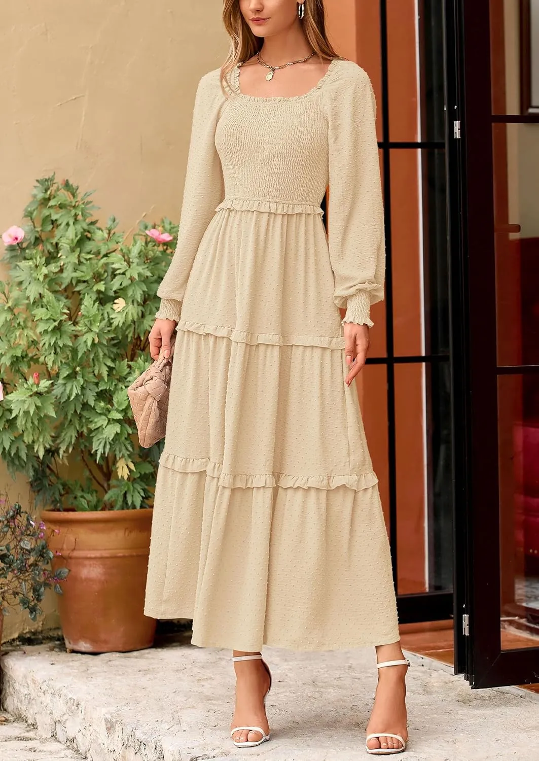 PRETTYGARDEN Women's Spring Long Sleeve Smocked Maxi Dress Casual Square Neck Swiss Dot Tiered Ruffle Flowy Pocket Dresses