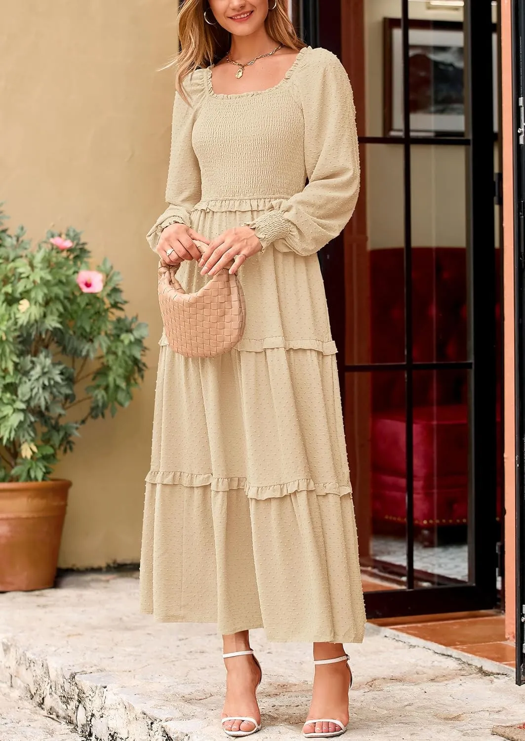 PRETTYGARDEN Women's Spring Long Sleeve Smocked Maxi Dress Casual Square Neck Swiss Dot Tiered Ruffle Flowy Pocket Dresses