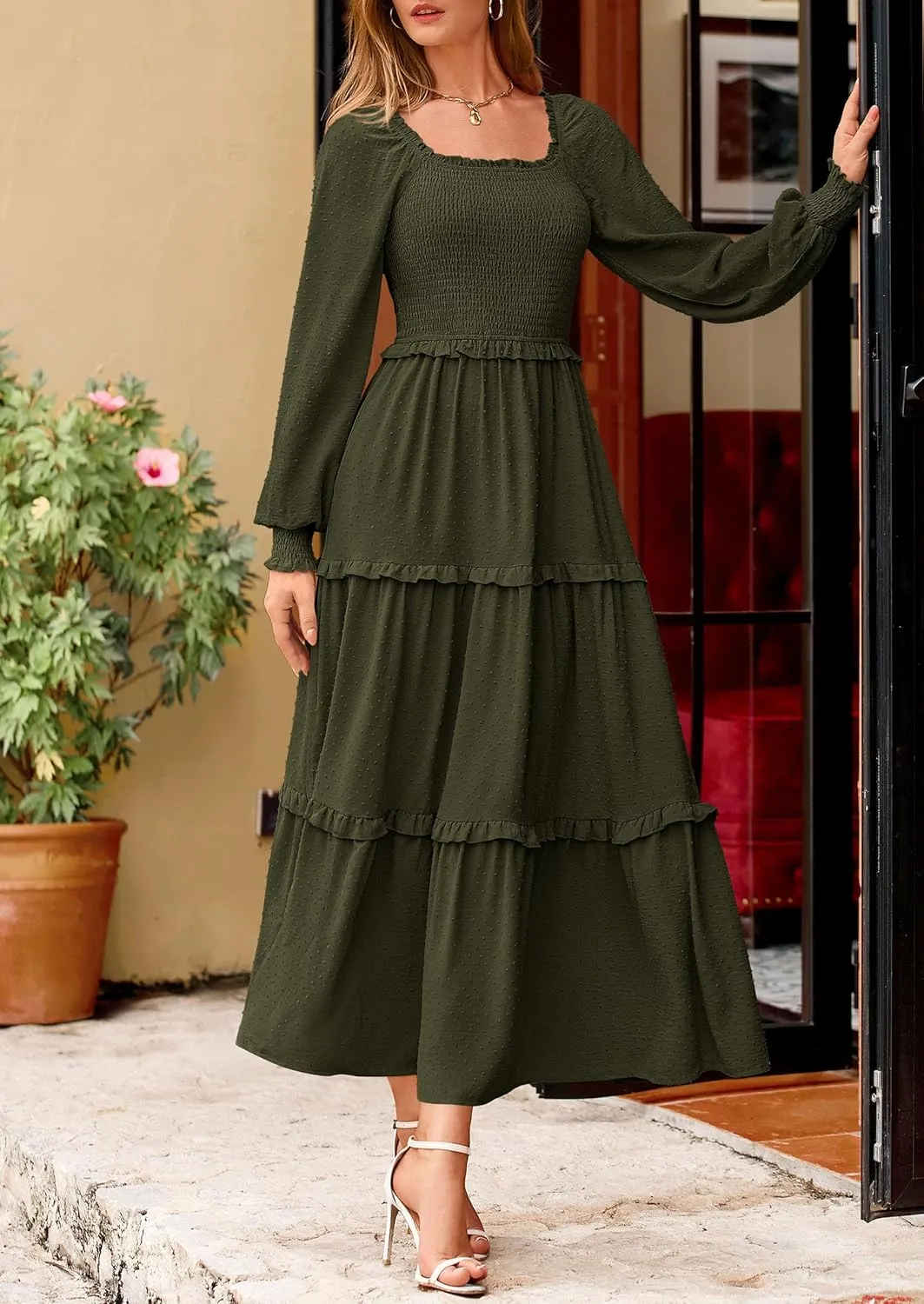 PRETTYGARDEN Women's Spring Long Sleeve Smocked Maxi Dress Casual Square Neck Swiss Dot Tiered Ruffle Flowy Pocket Dresses