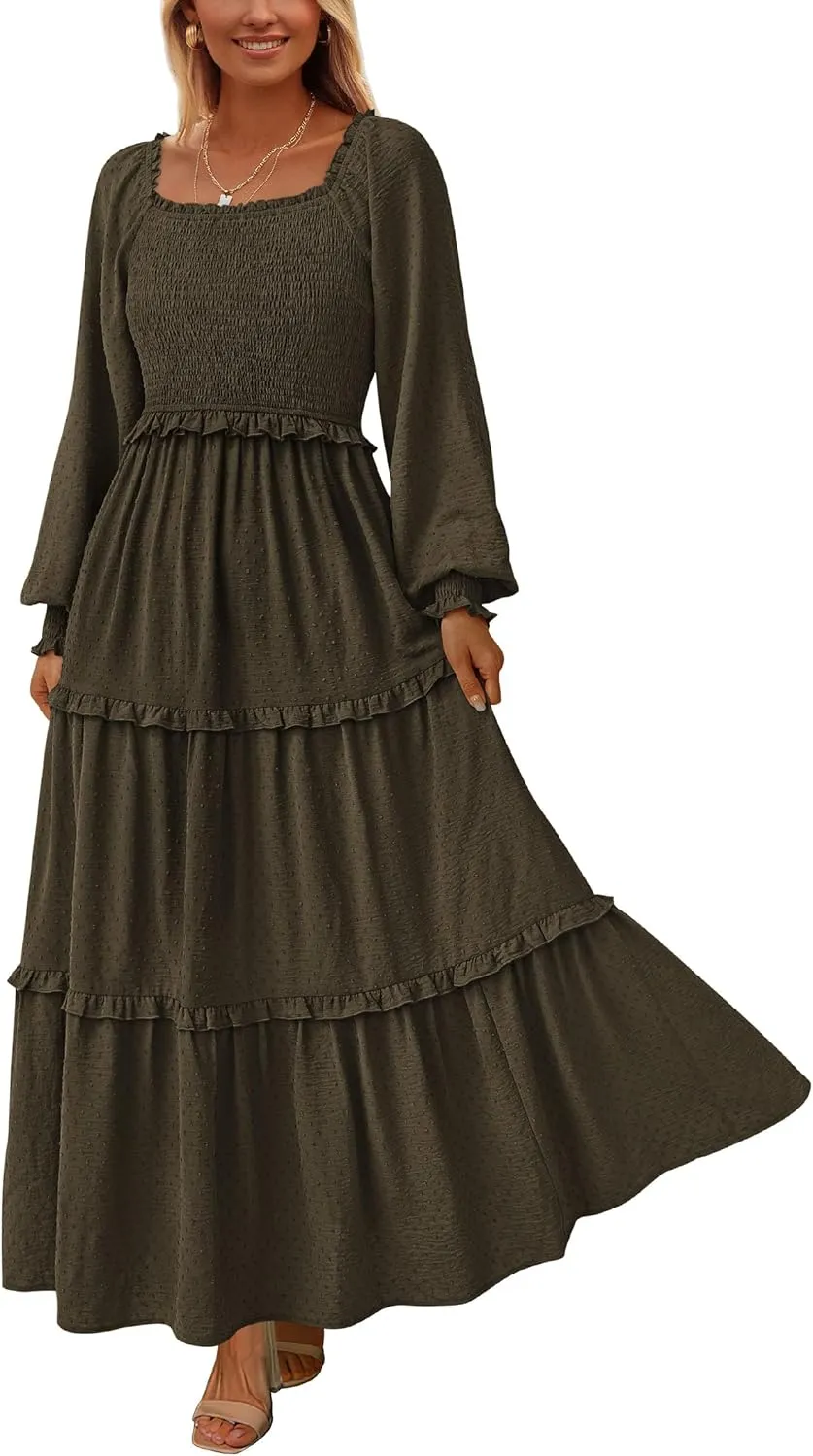 PRETTYGARDEN Women's Spring Long Sleeve Smocked Maxi Dress Casual Square Neck Swiss Dot Tiered Ruffle Flowy Pocket Dresses
