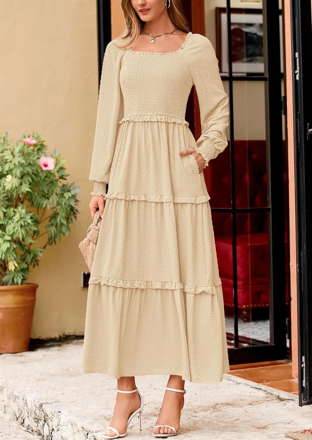 PRETTYGARDEN Women's Spring Long Sleeve Smocked Maxi Dress Casual Square Neck Swiss Dot Tiered Ruffle Flowy Pocket Dresses