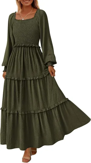 PRETTYGARDEN Women's Spring Long Sleeve Smocked Maxi Dress Casual Square Neck Swiss Dot Tiered Ruffle Flowy Pocket Dresses