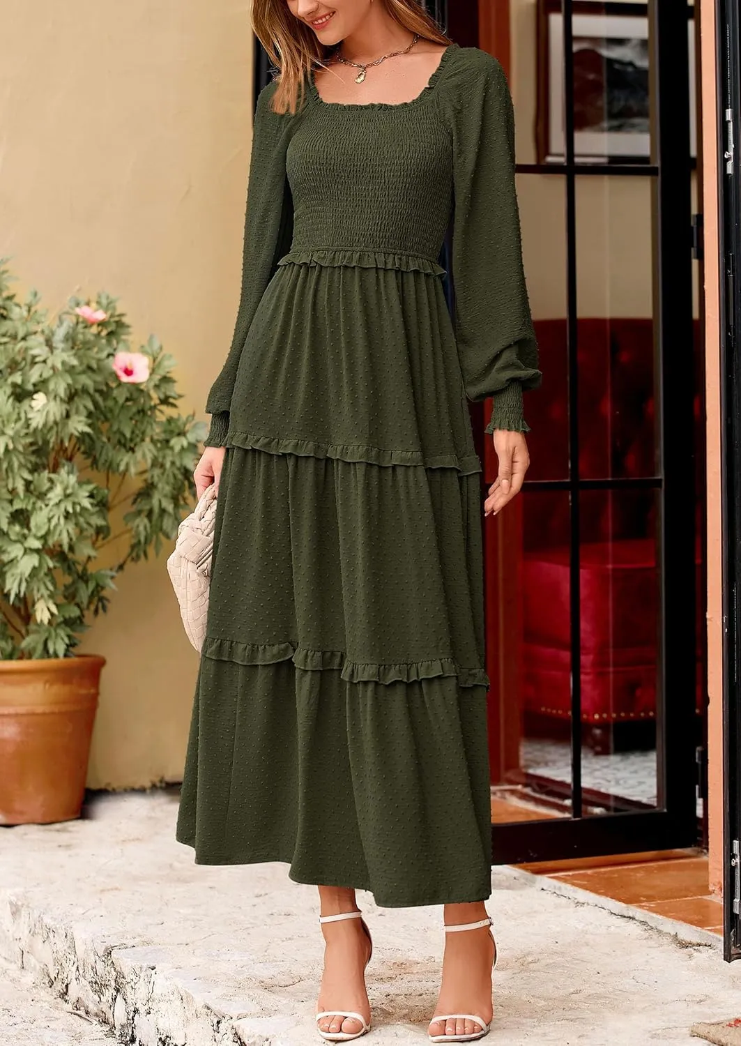 PRETTYGARDEN Women's Spring Long Sleeve Smocked Maxi Dress Casual Square Neck Swiss Dot Tiered Ruffle Flowy Pocket Dresses