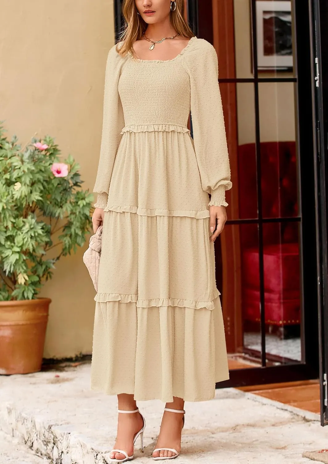 PRETTYGARDEN Women's Spring Long Sleeve Smocked Maxi Dress Casual Square Neck Swiss Dot Tiered Ruffle Flowy Pocket Dresses