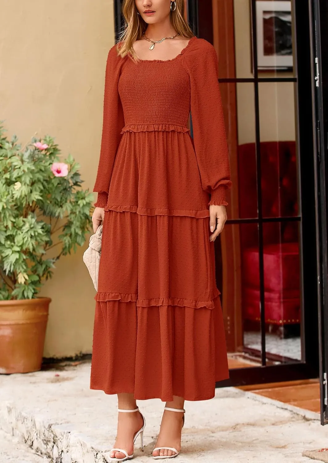 PRETTYGARDEN Women's Spring Long Sleeve Smocked Maxi Dress Casual Square Neck Swiss Dot Tiered Ruffle Flowy Pocket Dresses