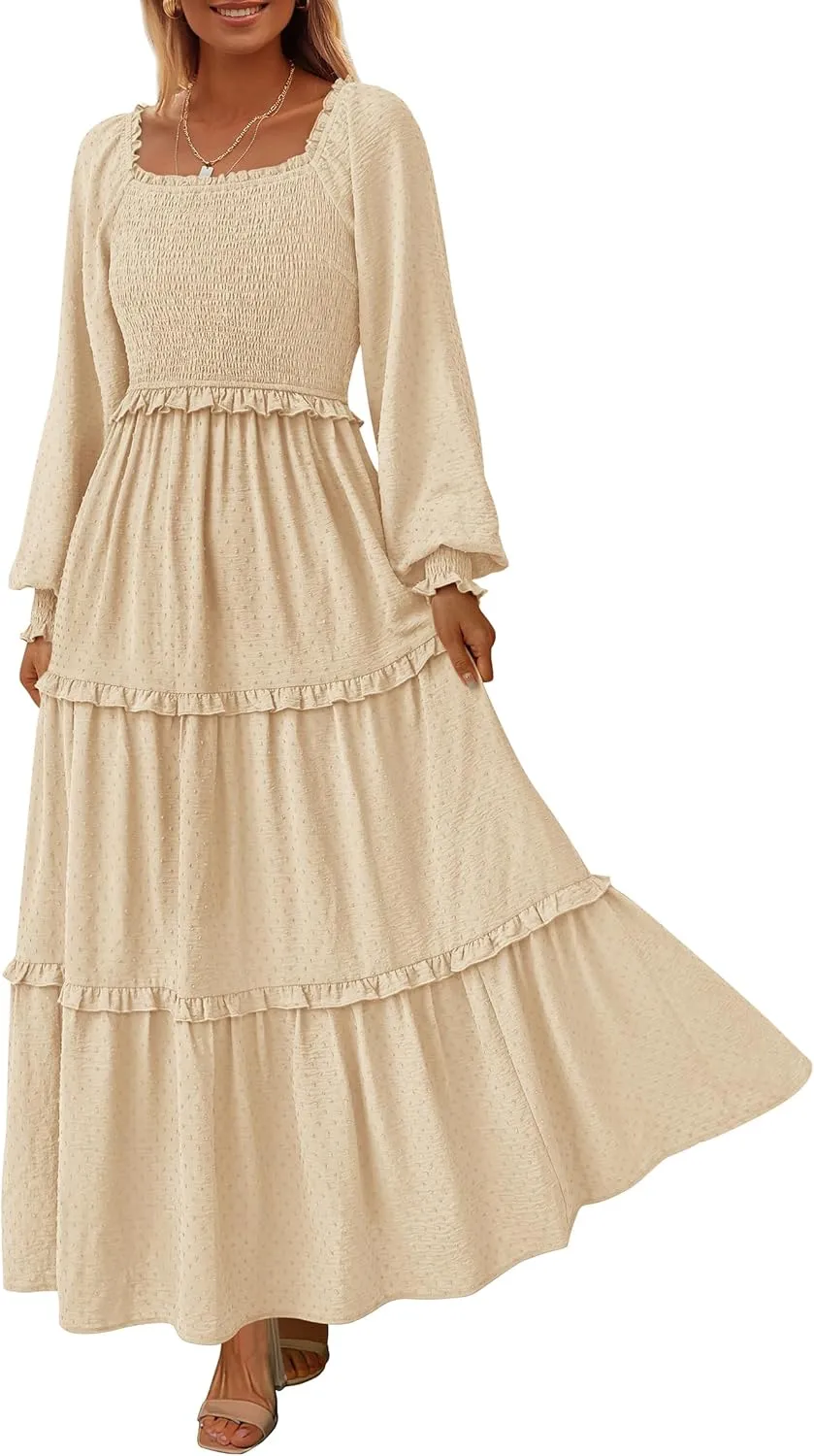 PRETTYGARDEN Women's Spring Long Sleeve Smocked Maxi Dress Casual Square Neck Swiss Dot Tiered Ruffle Flowy Pocket Dresses