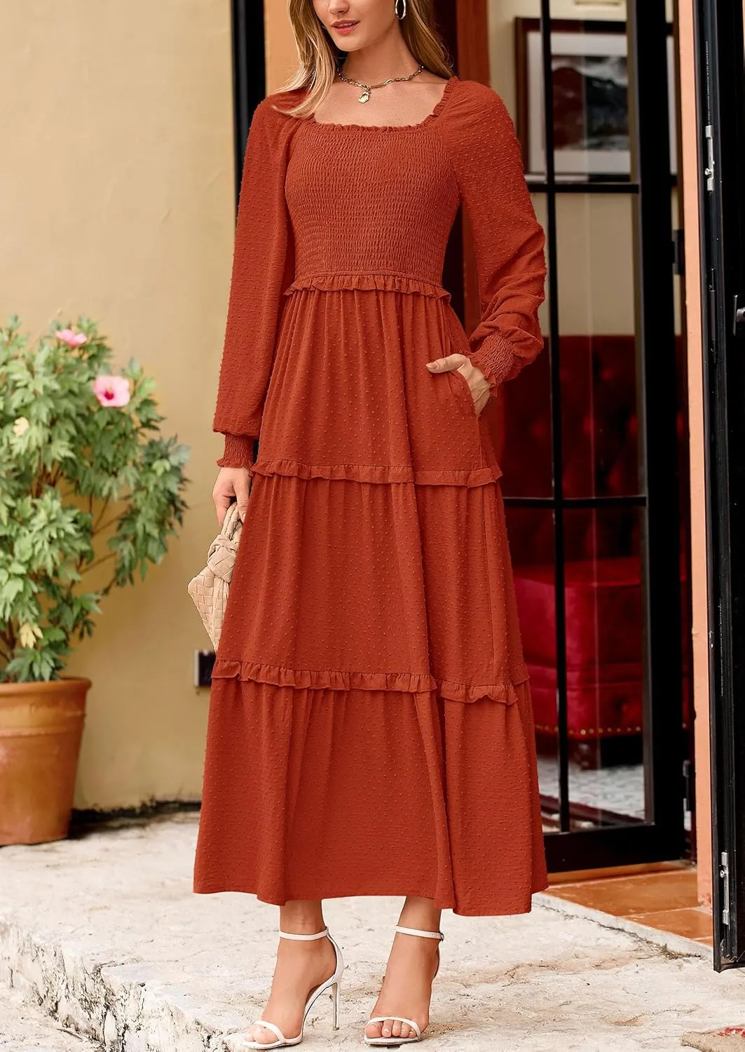PRETTYGARDEN Women's Spring Long Sleeve Smocked Maxi Dress Casual Square Neck Swiss Dot Tiered Ruffle Flowy Pocket Dresses